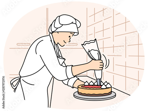 Female chef decorating cake at restaurant