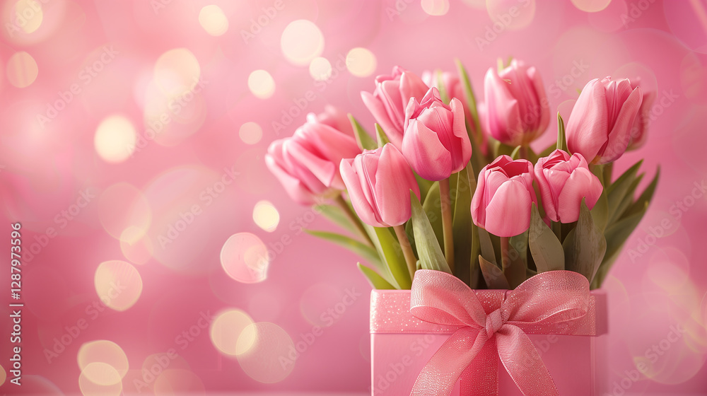Fototapeta premium Bouquet of pink flowers in giftbox with tape on pink background