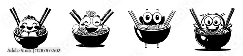 A cartoon character from the retro groovy era is depicted with ramen noodles, eggs, and chopsticks in a modern comic style, showcasing Japanese cuisine with a bowl of ramen noodles that has a happy