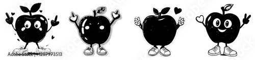 A groovy cartoon apple from the retro era is whistling a love melody, depicted in a modern funky comic style, while another cartoon apple with a happy face sings a song filled with hearts,