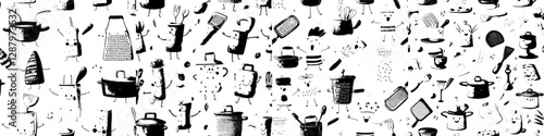 A modern and playful tile background features cartoon characters of kitchen appliances, including a teapot, frying pan, grater, and rolling pin, all with cheerful faces, in a groovy pattern of