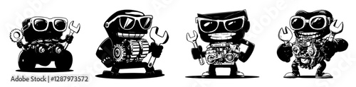 A cartoon character depicting a retro groovy car engine is shown in isolation, boasting modern features and a fun, nostalgic automotive personality with vibrant parts and components, exuding
