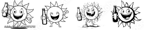 A cartoon sun character with a groovy personality is depicted holding a drink bottle and showcasing a humorous face, represented in a modern emoji style, alongside a groovy sun enjoying a beer or