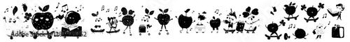 The combination of retro cartoon characters, comic funny emojis, and modern funny personages creates a unique blend of styles, alongside a groovy pumpkin, donut dessert, disco ball, strawberry