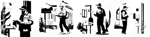 A modern cartoon postman is shown delivering letters and putting envelopes into a postbox