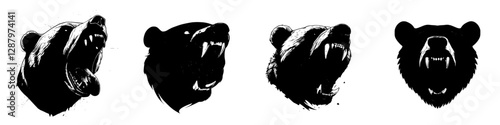 A furious grizzly bear's head, detached and serving as a mascot, is depicted as a ferocious wild predator with its mouth open and sharp teeth bared, suitable for a sports team or hunting club logo,