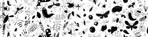 A modern seamless pattern featuring cartoon insects and bugs, including cute ants, worms, caterpillars, bees, butterflies, spiders, snails, flies, dragonflies, beetles, grasshoppers, ladybugs, wasps