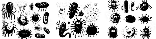 Adorable cartoon bacteria, modern cute viruses, and funny germ characters with comical faces, featuring smiling microbe monsters with big eyes, colorful cells with teeth and tongues, and a set of