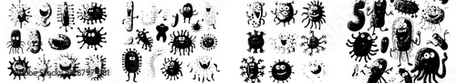 Modern bacteria and germ monsters are depicted as cartoon virus characters, including cute microbe cells and infection pathogens of coronavirus, flu or influenza, rotavirus and adenovirus with happy