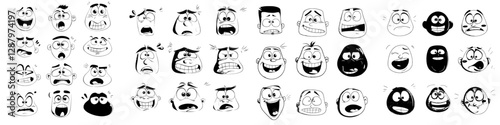 Modern icons of isolated face expressions include funny cartoon emojis that are exhausted, crying, crazy, angry, laughing, and sad, as well as facial feelings and emoticons that are upset, happy, and