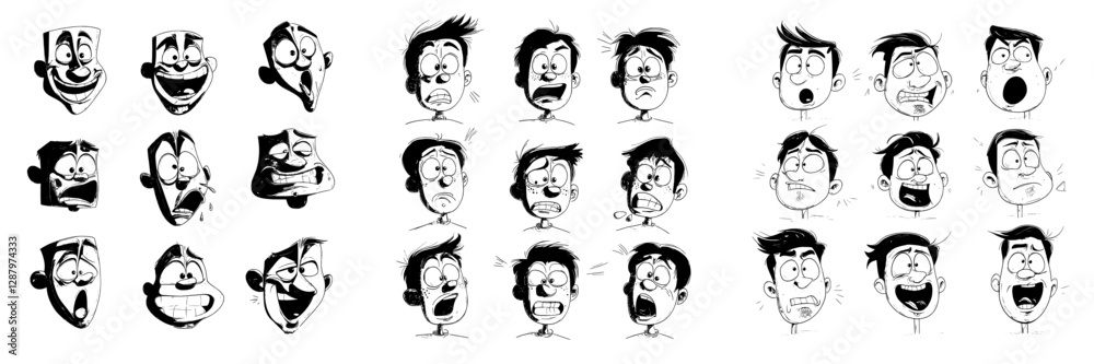 A set of emoticons showcases various facial feelings, such as yelling, sticking out one's tongue, being preoccupied, crying, and appearing upset, among other emotions A set of emoticons showcases various facial feelings, such as yelling, sticking out one's tongue, being preoccupied, crying, and appearing upset, among other emotions