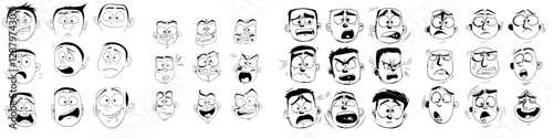 Modern icons of isolated face expressions include funny cartoon emojis that are sweating, whistling, and yelling, conveying emotions such as anger, happiness, laughter, or sadness photo