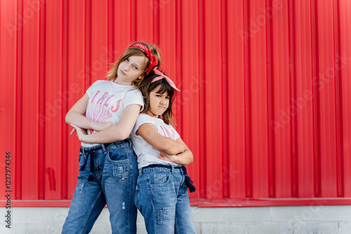 Sisters standing in front of a red wall