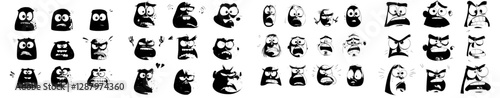 Modern icons of cartoon face expressions are isolated, featuring negative emojis that convey suspicion, evil, fear, shock, gloating, grinning, smirking, or craziness