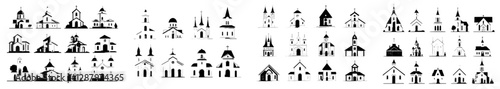 Catholic church buildings are represented by modern icons, including cathedrals, chapels, and monastery facades, showcasing medieval and modern church designs and Christian Evangelical religious