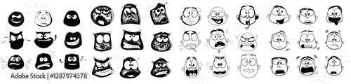 Modern icons of isolated cartoon face expressions include a negative emoji vampire with sharp fangs, depicting emotions such as evil, scared, shocked, gloat, grin, and smirk