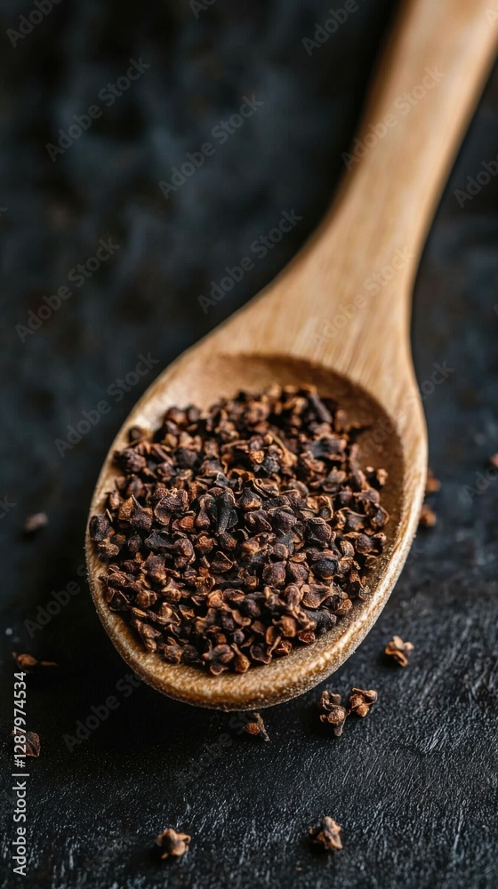 Dry clove spice on a wooden spoon close up. Spicy spice of cloves. Dry spice cloves. Dry clove spice on a wooden spoon close up. Spicy spice of cloves. Dry spice cloves.