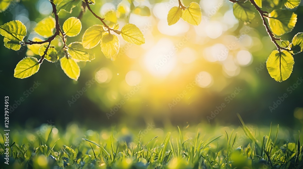 Obraz premium Bright Sunlight Filtering Through Spring Leaves Over Green Grass