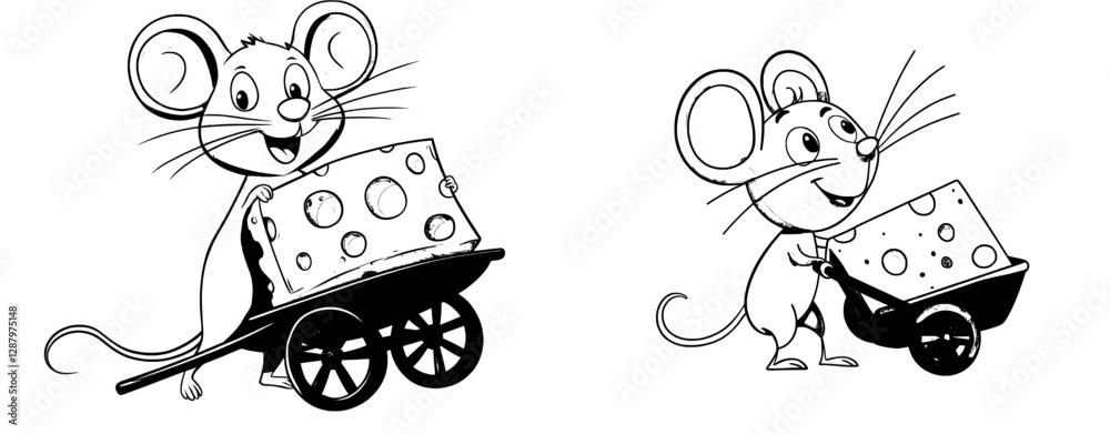 Fototapeta premium A cartoon mouse is depicted with cheese in a wheelbarrow, representing a modern animal character, where the mouse is either carrying or stealing a piece of cheese and a wheelbarrow, symbolizing a