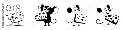 A cartoon mouse, characterized as a modern rat, is depicted carrying a massive piece of cheese with holes on its back, set against a white background, exemplifying a cute rodent, funny animal, or
