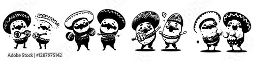 Mexican cartoon characters, including tamales and chimichangas, are depicted as happy, alongside modern mariachi musicians wearing sombreros and playing maracas, all of whom are celebrating national