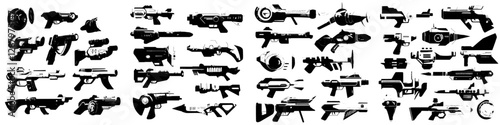 Toys including blaster guns, cartoonish modern handguns, and rayguns are depicted as weapons, specifically for kids' games, alien space arms, and child pistols, along with laser weapons, all isolated