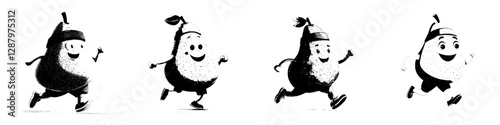 The pear fruit is depicted engaging in jogging, symbolizing a healthy food choice and a sporty fitness activity, as represented by a modern cartoon character
