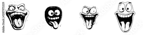 A cartoon face featuring a tongue-out expression, a modern smile emoji-inspired facial expression, and goggle eyes looking upwards with an open mouth, symbolizing humorous emotions set against a