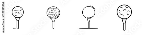 Iconic symbol of golfing, a ball on a putter or tee in isolation, represented by a flat line illustration, embodying the modern hobby of golf, with equipment for teeing off in the grass, related to a