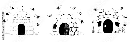 The dwelling of a honey bee swarm takes the form of a modern fantasy building shaped like a wild beehive, complete with honeycombs, yellow wax, and hexagonal windows, as well as a grassy area and