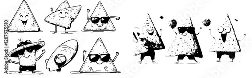 The summer beach is where you can find happy cartoon characters from modern Tex-Mex, such as a nacho diver and surfer, indulging in leisure activities like playing volleyball and surfing