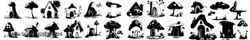 Fantasy homes, including cartoon fairytale houses and dwellings, feature modern isolated buildings, a pumpkin, tree stump, old boot, and cozy cottage