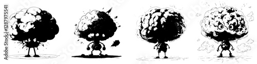 A cartoon brain is depicted with its head exploding, symbolizing extreme stress and an overwhelming amount of information, featuring a modern emoticon with a detonating head and a nuclear burst,