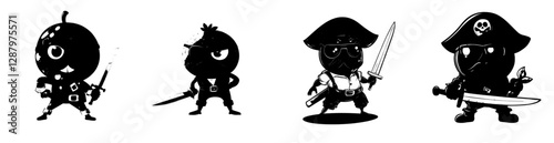 A cartoon blueberry character dressed as a corsair, equipped with sabers, is depicted as a modern and happy bilberry pirate wearing a picaroon costume, complete with a mustache and earrings,