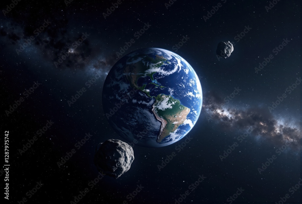 Obraz premium Earth and Two Asteroids in Space with Milky Way Background