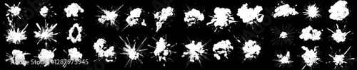 A collection of cartoon explosion effects, including modern comic book-style boom blasts, fire bursts, and energetic crashes with smoke, dust, and motion trails