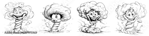 A cartoon character depicting a tornado is shown as a humorous, modern representation of a storm, complete with a smiling face and a whirlwind or cyclone funnel