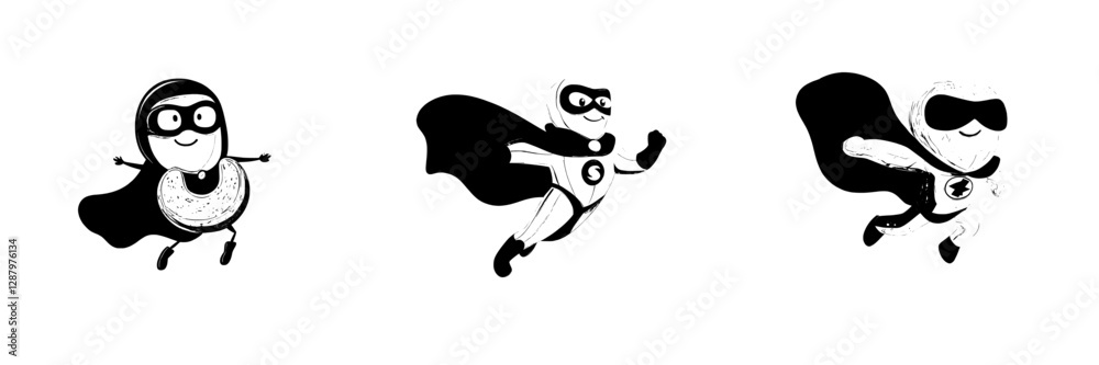 Fototapeta premium The illustration features a flying superhero with a cute face, wearing a red cape and mask, made to resemble a cashew nut, highlighting the concept of a modern superfood hero, focusing on healthy and
