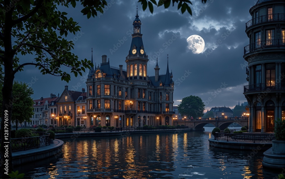 Fototapeta premium Night View of Chateau-Style Building on Canal with Full Moon