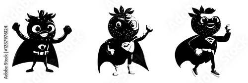 Modern fruit food is represented by a cartoon strawberry superhero personage, a funny berry guard character in a super hero costume, complete with a blue mask, cape, and gloves, embodying a brave and
