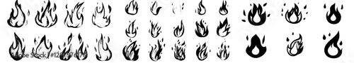 Modern icons include cartoon fire flames, bonfire, and burning wildfire or firewall