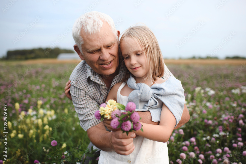 Portrait of grandfather and granddaughter with picked flowers on a meadow Portrait of grandfather and granddaughter with picked flowers on a meadow