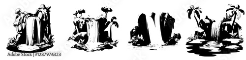 A serene cartoon waterfall flows amidst a lush green grassy hill, evoking a modern exotic paradise with a stunning natural landscape and waterfall, suitable as a game asset