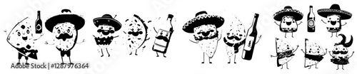 Mexican cartoon characters that are funny and happy, along with modern tex mex items like tequila, mariachi tacos, burrito, and nachos playing instruments, and food such as avocado, quesadilla,