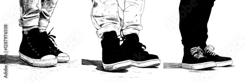 A cartoon icon of a teenager or kid's cut legs, showcasing urban-style footwear, specifically modern athletic boots with a white rubber toe and laces, set against a backdrop of red sportive skaters'