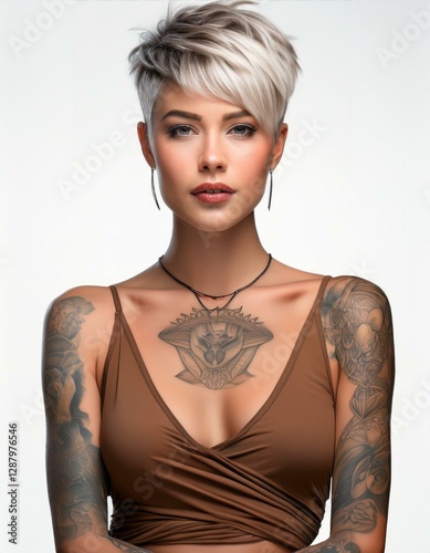studio portrait of a blonde short haired tattoed model with nude shoulders wearing a low cut brown top on white background