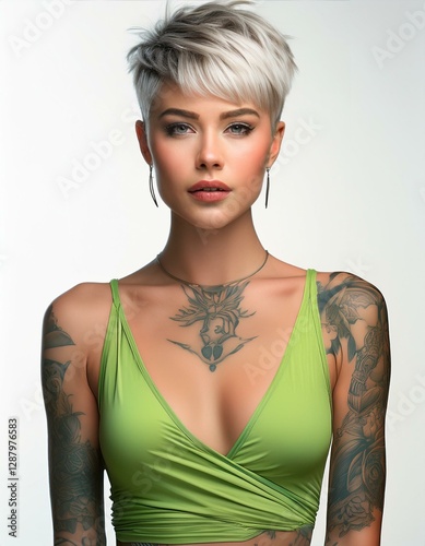 studio portrait of a blonde short haired tattoed model with nude shoulders wearing a low cut green lime blue top on white background, fashion photography