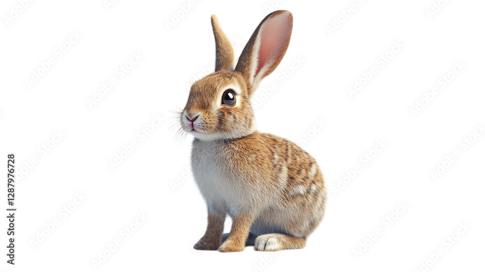 Cute cartoon rabbit sitting on a clean background with a curious expression and fluffy fur