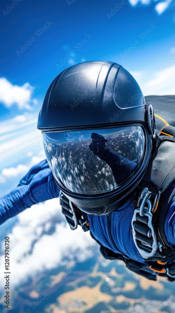 Fototapeta premium Skydiver capturing selfie mid-air in helmet.