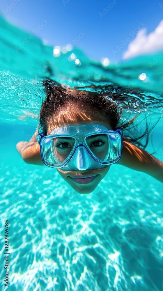 Naklejka premium Young girl snorkeling in crystal-clear turquoise water.